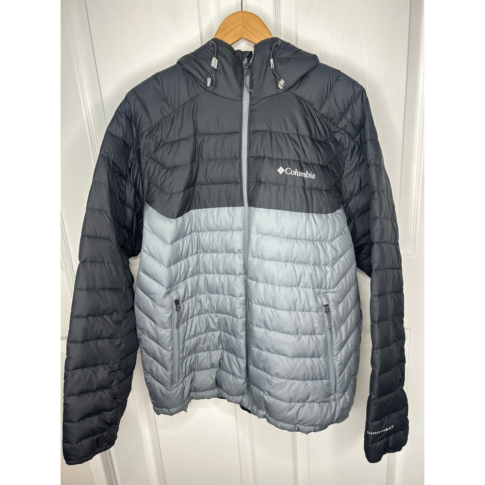 Columbia Powder Lite Puffer Jacket L Black Grey 1881672 Omni Heat Hooded